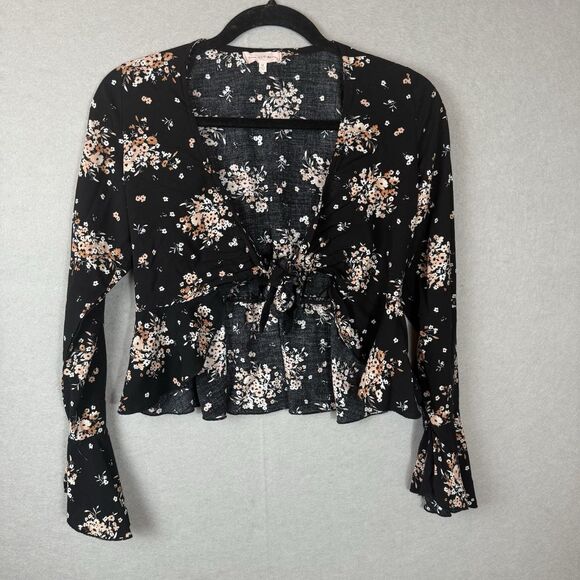 Y2K Black Floral Deep V-Neck Peplum Front Tie Bolero Long Bell Sleeve Sz M - Picture 1 of 8